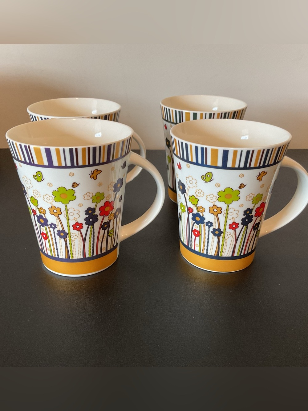 NWT Colorful Floral & Butterflies Stripe Ceramic Mugs, Set of 4